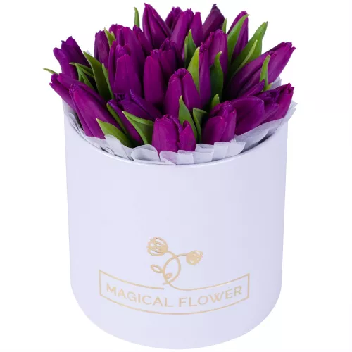 25 фиолетовых тюльпан в белой шляпной коробке