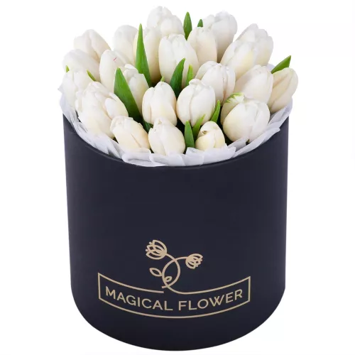 25 белых тюльпан в черной шляпной коробке