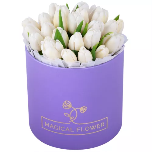 25 белых тюльпан в фиолетовой шляпной коробке