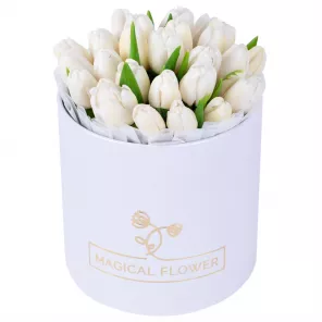 25 белых тюльпан в белой шляпной коробке