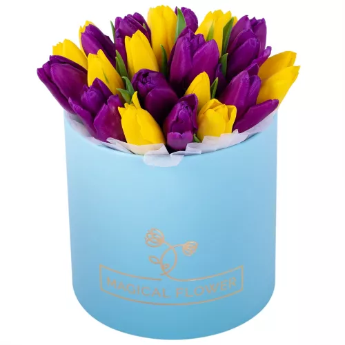 25 разноцветных тюльпан в голубой шляпной коробке