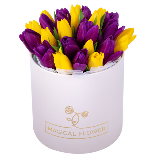 25 разноцветных тюльпан в кремовой шляпной коробке