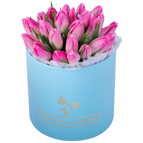 25 бело-розовых тюльпан в коробке
