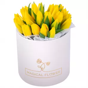25 желтых тюльпан в кремовой шляпной коробке