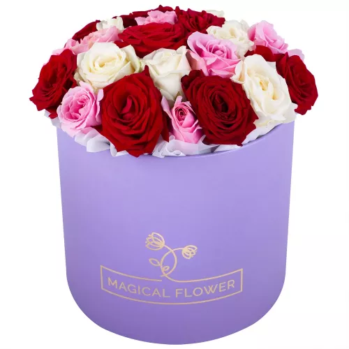 Букет из 21 разноцветной розы premium в фиолетовой шляпной коробке Букет из 21 разноцветной розы premium в фиолетовой шляпной коробке