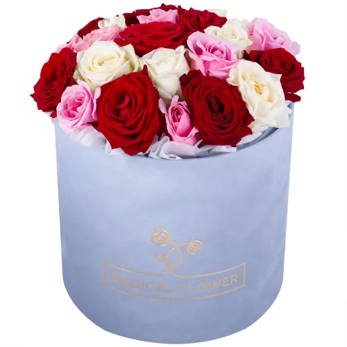 Букет из 21 разноцветной розы premium в серой бархатной шляпной коробке Букет из 21 разноцветной розы premium в серой бархатной шляпной коробке