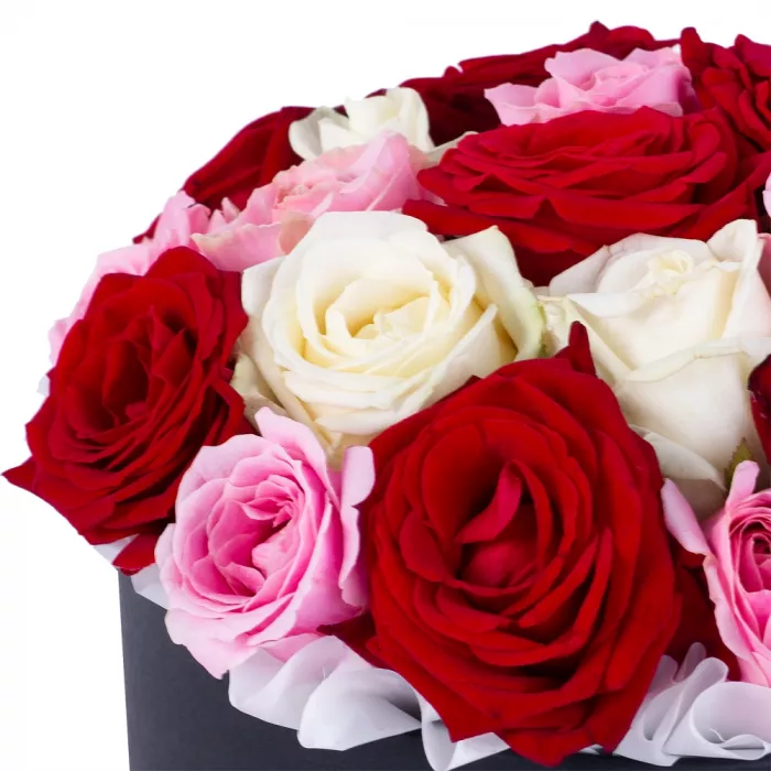 Букет из 21 разноцветной розы premium в черной шляпной коробке