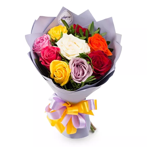 Монобукет из 9 разноцветных роз