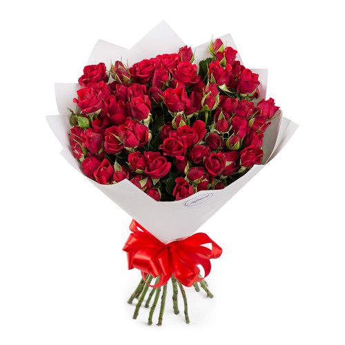 Букет из 19 красных кустовых роз и хризантем