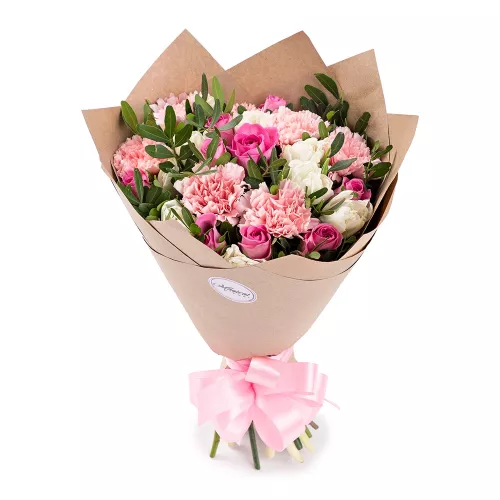 Букет из тюльпанов, роз и гвоздик