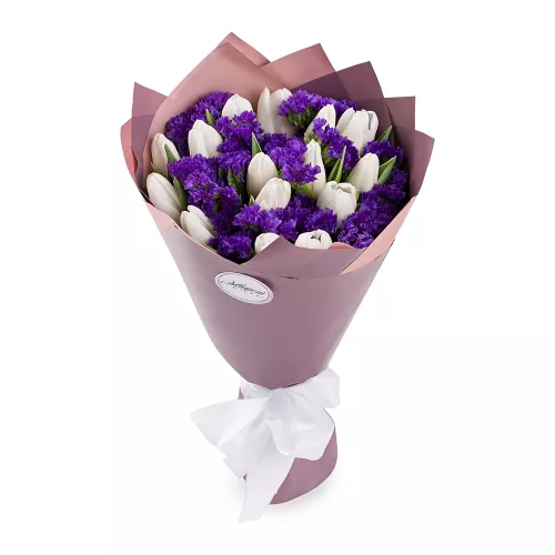 15 белых тюльпанов со статицей