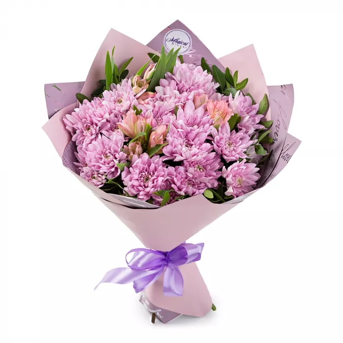 Букет из 7 хризантем с зеленью