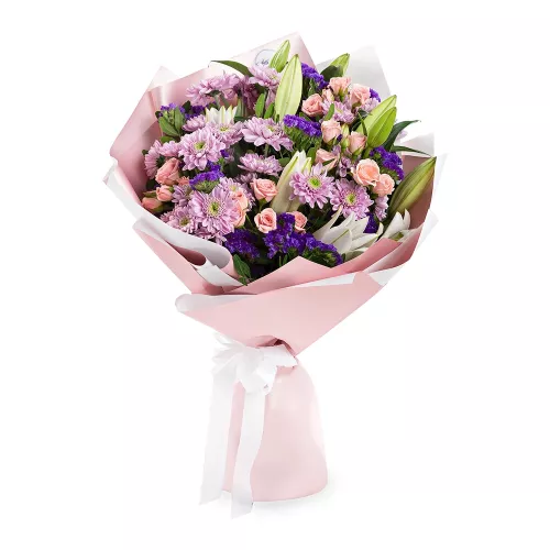 Букет из лилий, хризантем, фисташек и роз