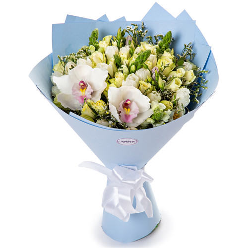 Букет на День матери из роз, тюльпанов и орхидеи