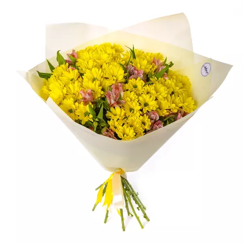 Букет из 11 желтых хризантем и альстромерий