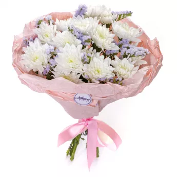 Букет из 3 белых хризантемы со статицей