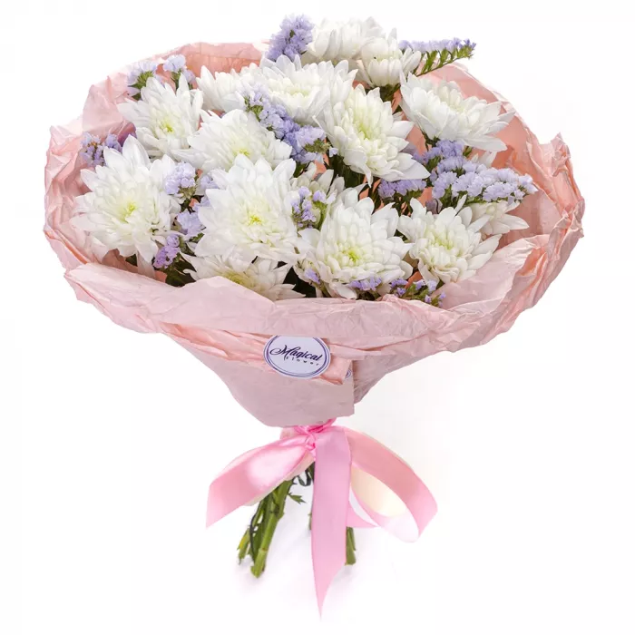 Букет из 3 белых хризантемы со статицей