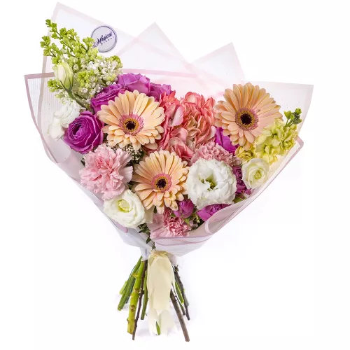 Букет из гортензий, гербер и сирени