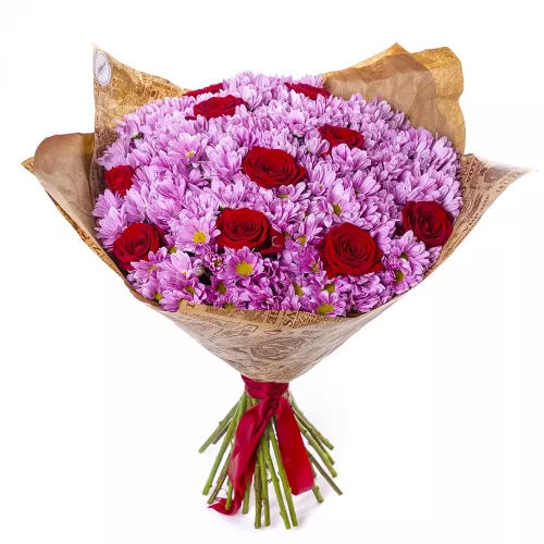 Букет на День матери из роз и сиреневых хризантем