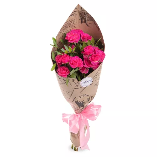 Букет из 3 розовых кустовых роз и хризантем