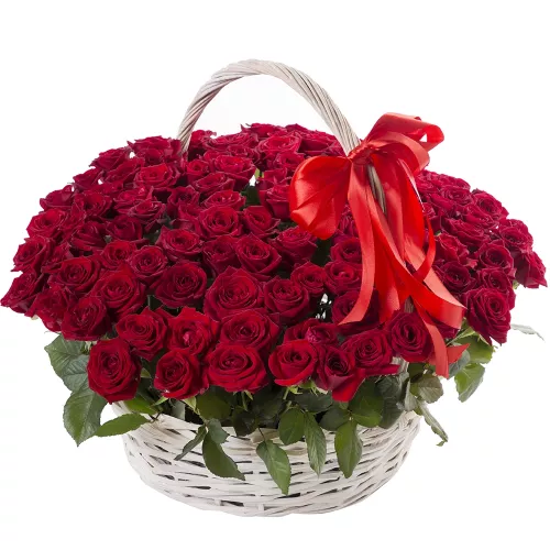 101 красная роза в корзине с лентой 