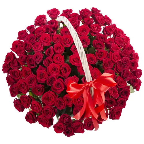 Букет в корзине из 101 красной розы с лентой