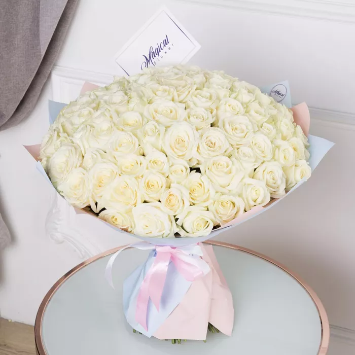 Букет из 101 белой розы 50 см
