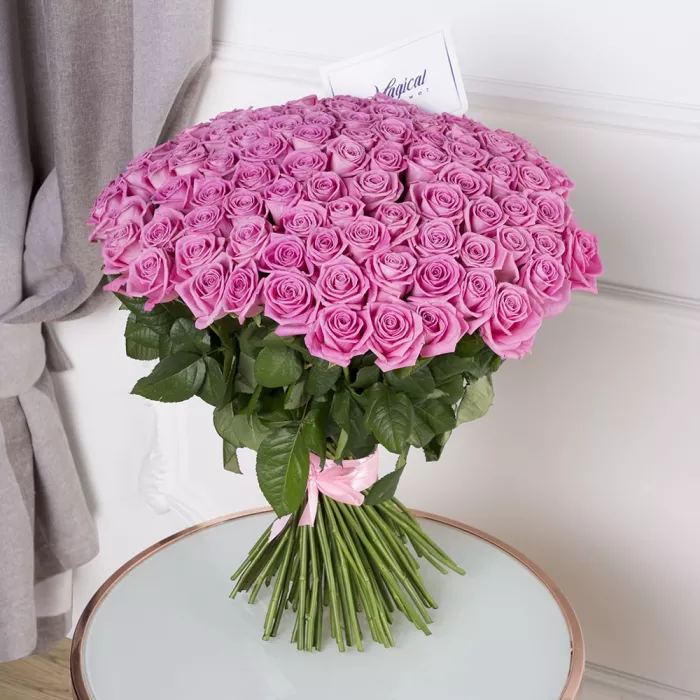 Букет из 101 розовой розы 50 см под ленту