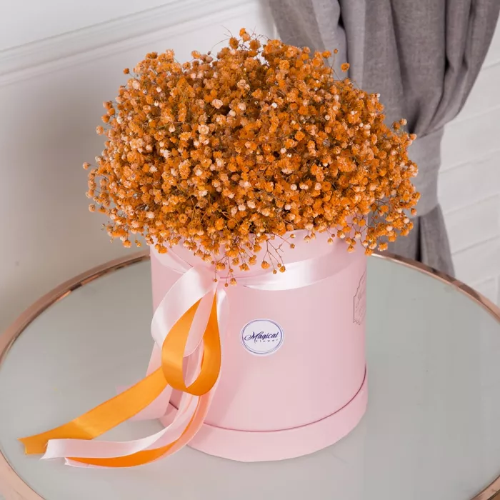 11 оранжевых гипсофил в шляпной коробке