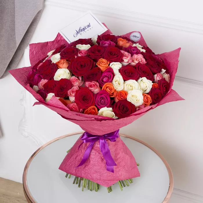 Букет из 101 разноцветной розы premium 60 см