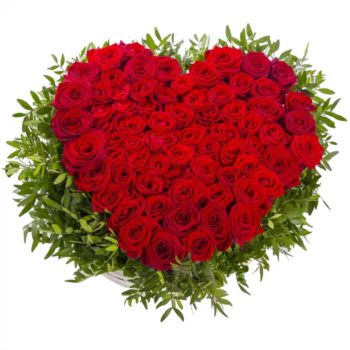 75 красная роза premium в форме сердца в корзине