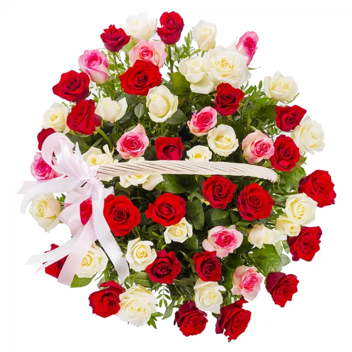 51 разноцветная роза в корзине