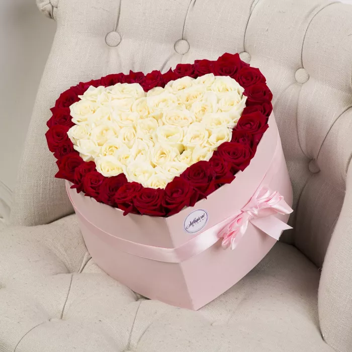 51 красная и белая роза в коробке в форме сердца