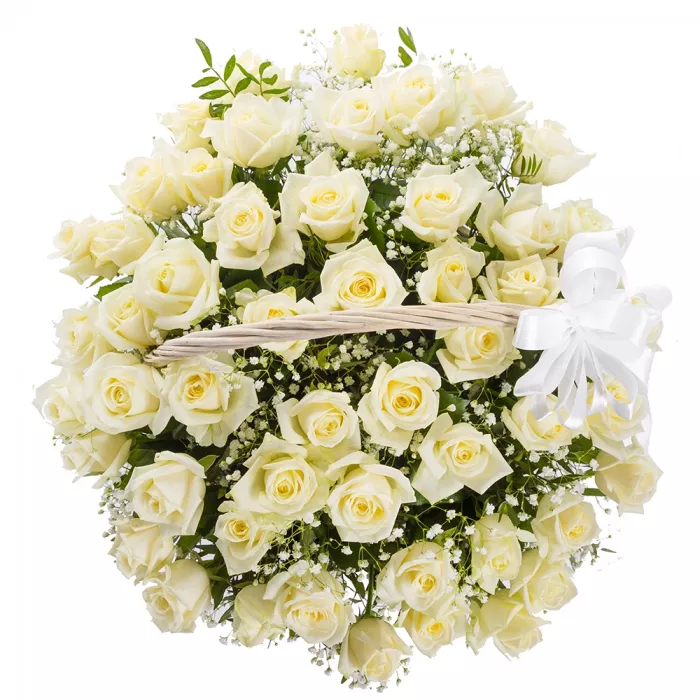 51 белая роза в корзине с гипсофилой
