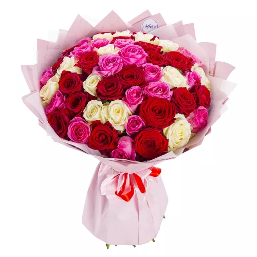 51 разноцветная роза Premium 60 см