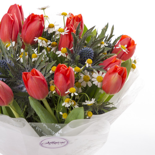 Букет на День матери с тюльпанами и эрингиумом