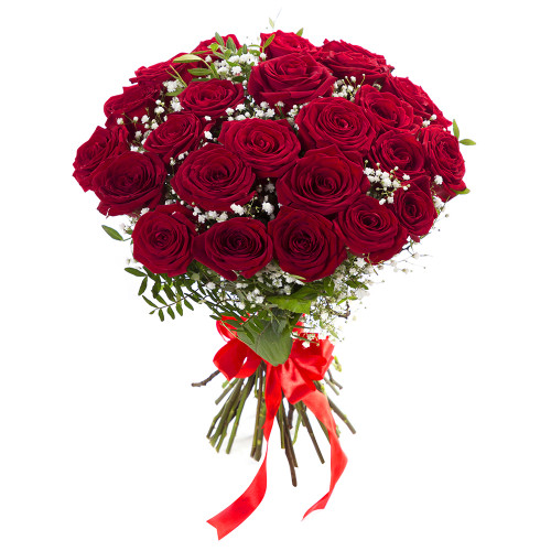 Монобукет из 25 красных роз 50 см с гипсофилой