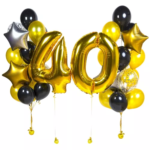 Композиция шаров с золотыми фонтанами и цифрой 