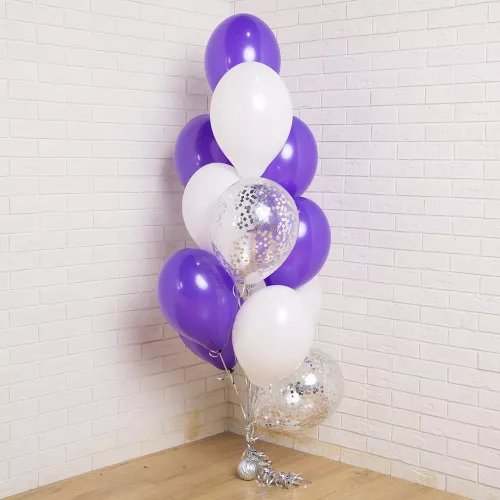 Облако шаров на 1 сентября фиолетово-белое с конфетти