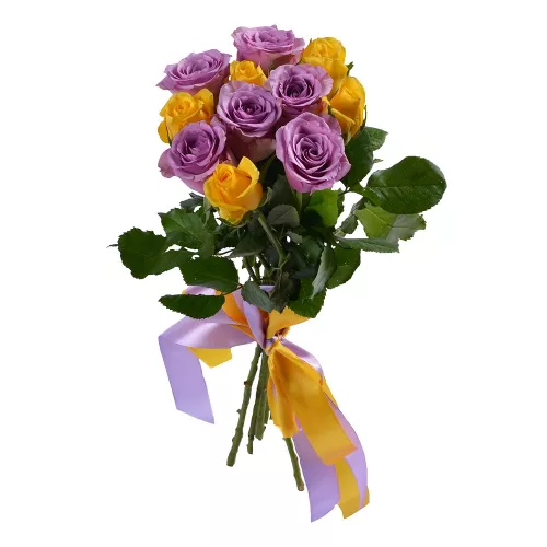 Букет из 11 сиреневых и желтых роз