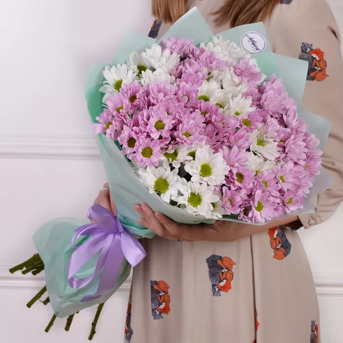 15 белых и розовых хризантем