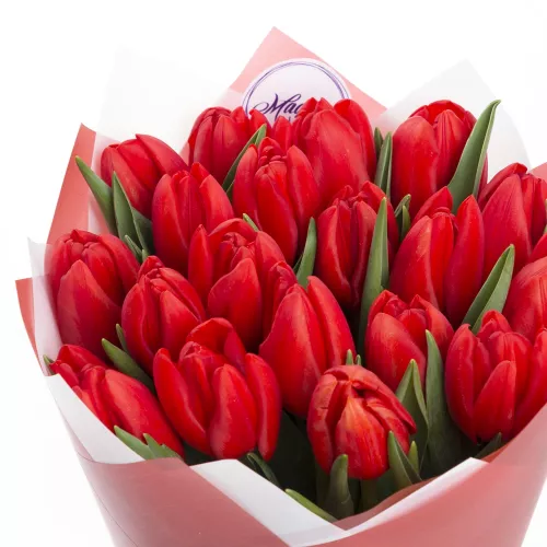 19 красных пионовидных тюльпанов