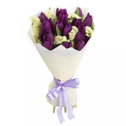 15 сиреневых тюльпанов со статицей
