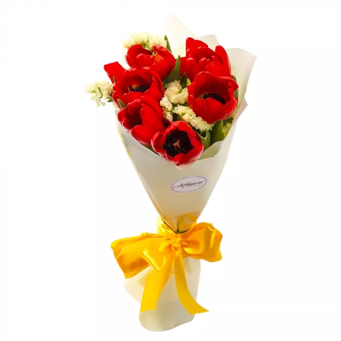 7 красных тюльпанов со статицей