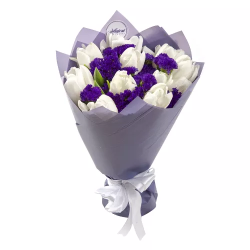 11 белых тюльпанов со статицей