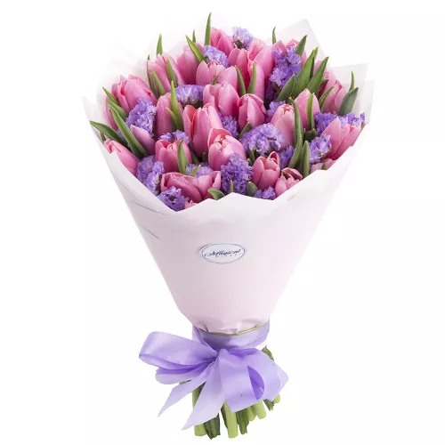 25 розовых красивых тюльпанов со статицей