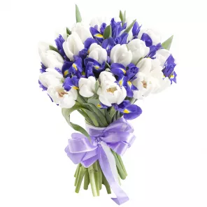 25 белых тюльпанов с ирисом