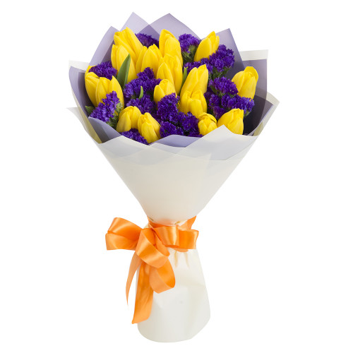 Мини-букет из 15 желтых тюльпанов со статицей