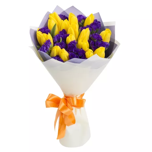 15 желтых пионовидных тюльпанов со статицей