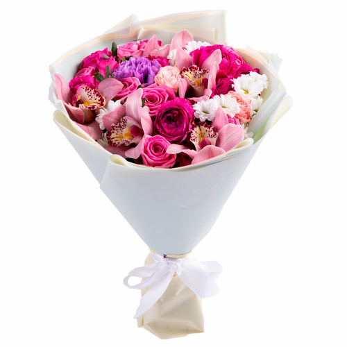 Букет на День матери из роз, сантини и орхидеи